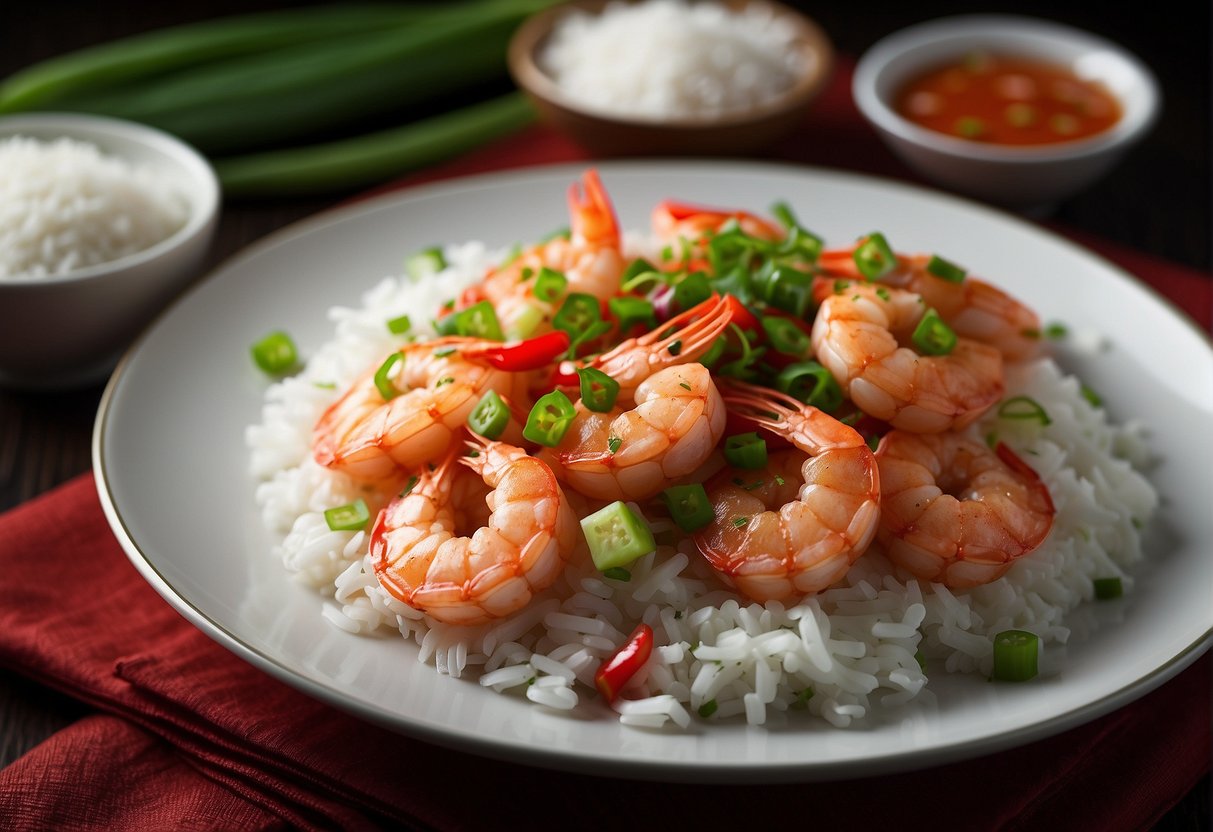 A plate of sizzling salt and pepper prawns, garnished with fresh green onions and red chili peppers, accompanied by a side of steamed white rice