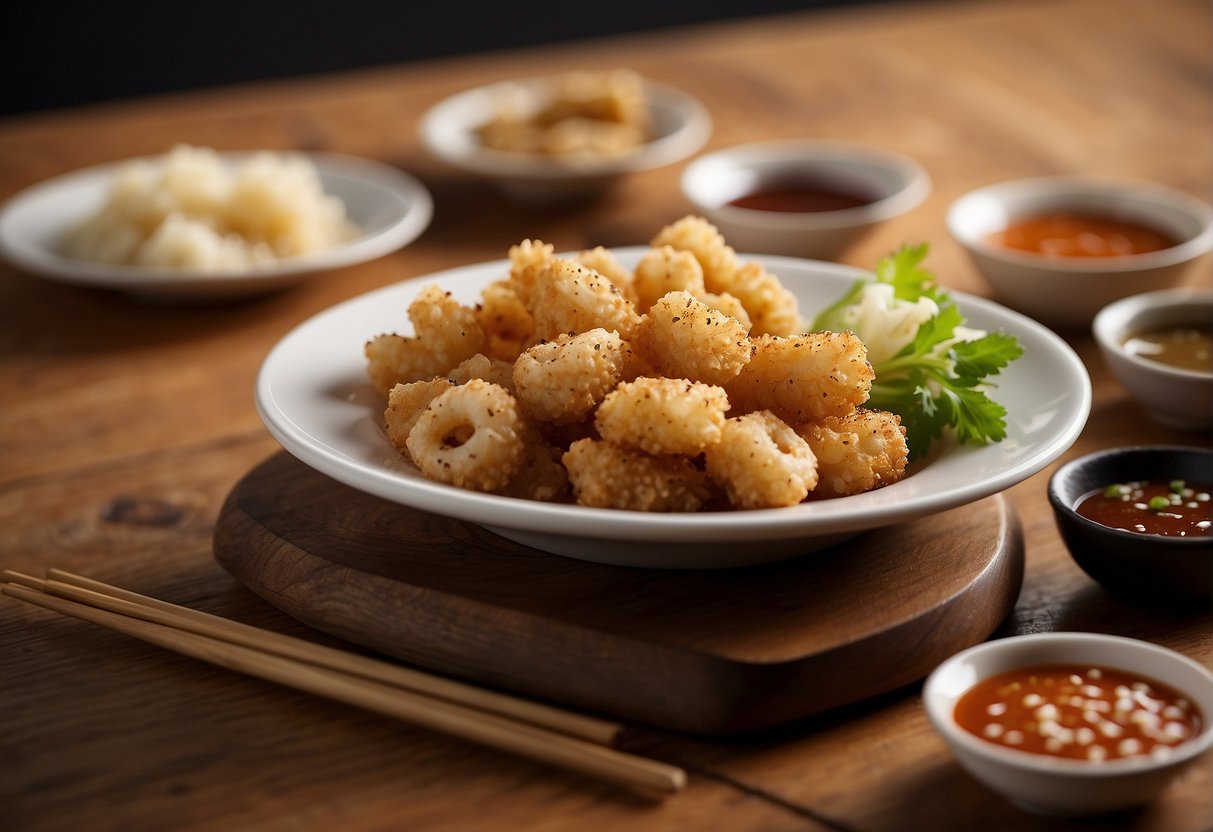A plate of golden-fried salt and pepper squid sits next to a small dish of dipping sauce on a wooden table. A pair of chopsticks rests beside the plate
