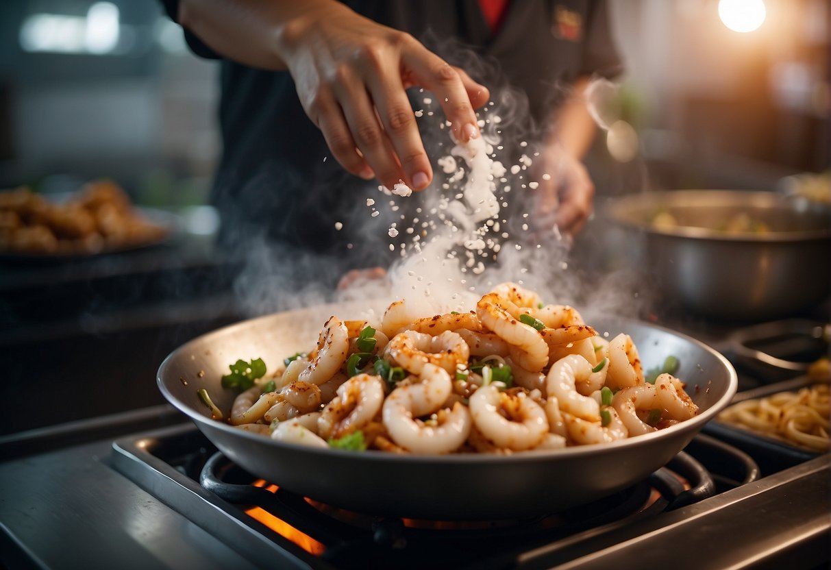 A sizzling wok tosses tender squid with salt and pepper, creating a fragrant cloud of savory aroma in a bustling Chinese kitchen