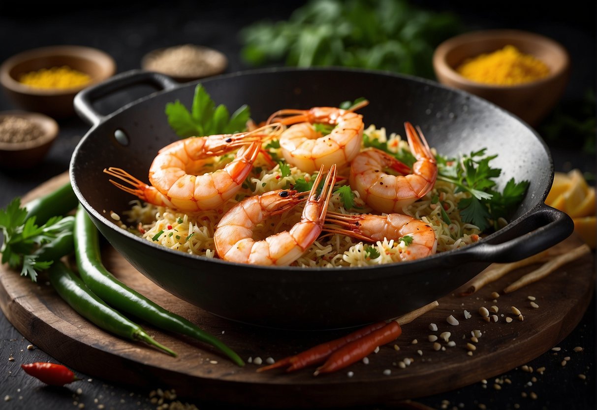 A sizzling wok with golden-brown prawns coated in a savory salt and pepper seasoning, surrounded by aromatic Chinese spices and fresh herbs