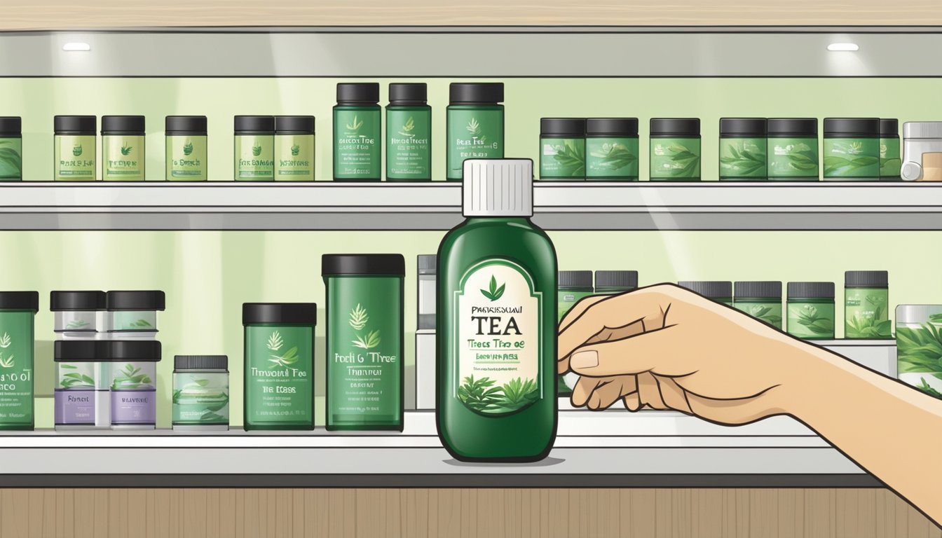 A hand reaches for a bottle of tea tree oil on a shelf in a Singaporean store. The label prominently displays the product's name and benefits