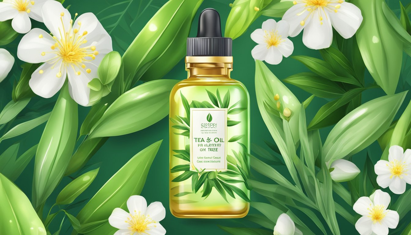 Tea tree oil bottle surrounded by green leaves and flowers, with a soft glow highlighting its benefits for skin care