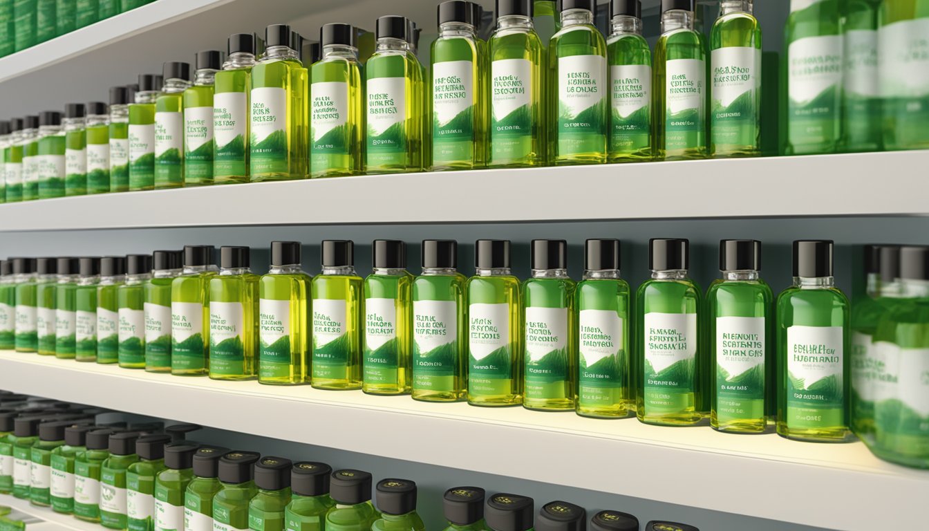 A shelf of tea tree oil bottles in a Singaporean store, with vibrant packaging and clear labels. Bright lighting highlights the array of products
