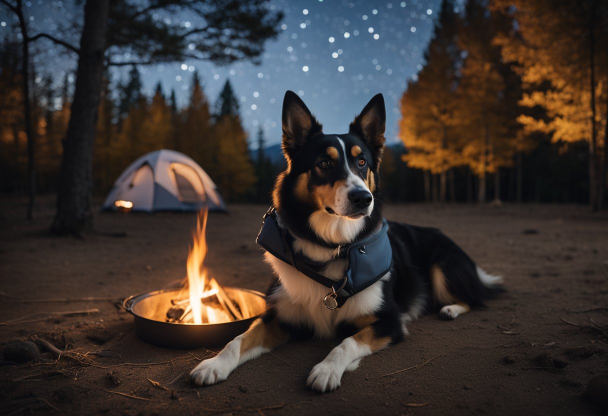 A dog sits by a campfire, a tent in the background. A leash and water bowl are on the ground. Trees and a starry sky complete the scene