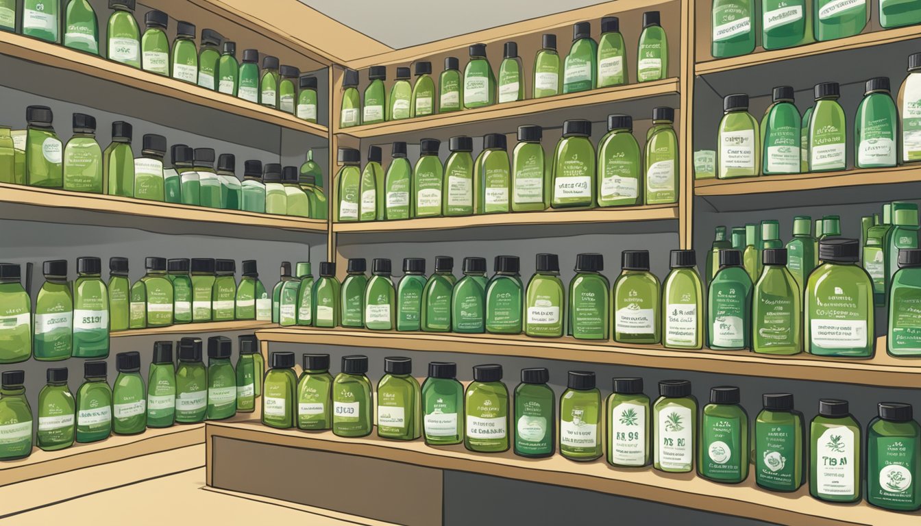 A display of tea tree oil bottles in a Singaporean store, with a sign reading "Frequently Asked Questions: buy tea tree oil in Singapore."