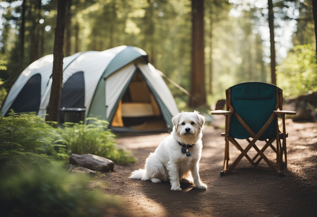 A scenic campground with pet-friendly amenities, such as designated pet areas, pet waste stations, and nearby hiking trails for outdoor adventures with furry companions