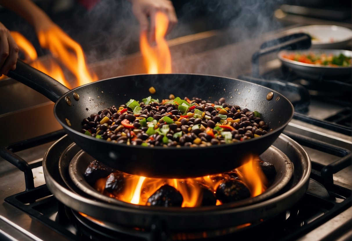 A wok sizzles as salted black beans are stir-fried with garlic, ginger, and chili, creating a savory aroma in a Chinese kitchen
