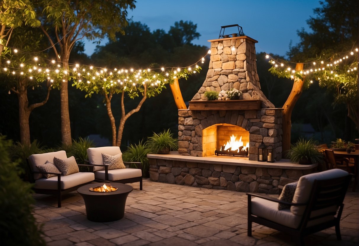 An outdoor fireplace with stone facade, surrounded by cozy seating, set against a backdrop of lush greenery and twinkling string lights