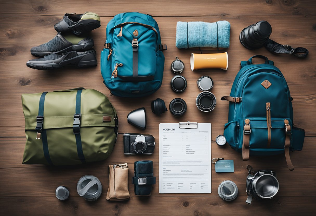 A camping gear checklist laid out on a table, with pet essentials such as a leash, collapsible bowls, and a cozy pet bed. Maps and guidebooks are spread out, and a car is parked outside ready to be loaded