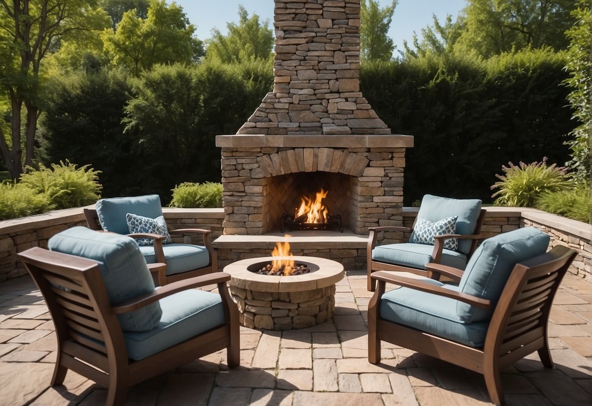 An outdoor fireplace surrounded by stone pavers and comfortable seating, with a backdrop of lush greenery and a clear blue sky