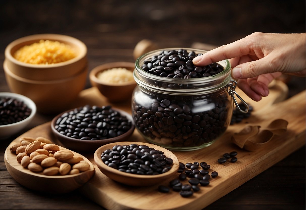 A hand reaches for a jar of salted black beans while other ingredients sit on a wooden table, ready to be used in a Chinese recipe