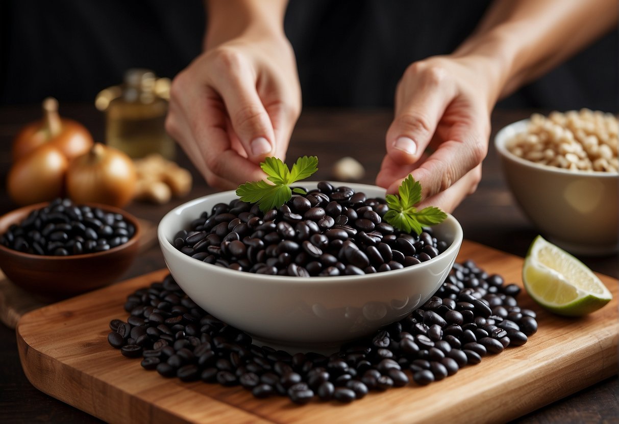 A hand reaching for a bowl of salted black beans, surrounded by ingredients like garlic, ginger, and soy sauce on a wooden cutting board