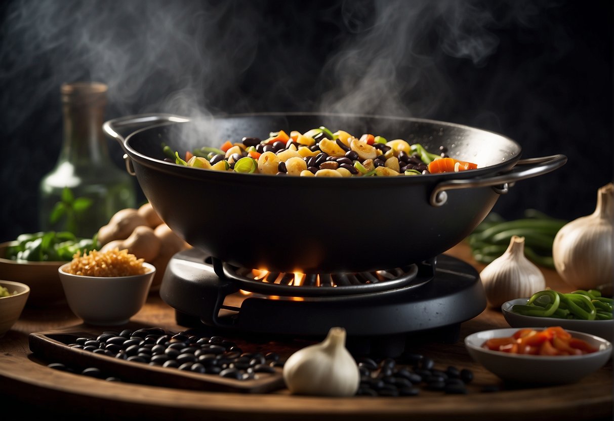 A wok sizzles with garlic and ginger, as salted black beans are added. Steam rises as the ingredients are stir-fried over high heat in a traditional Chinese cooking method