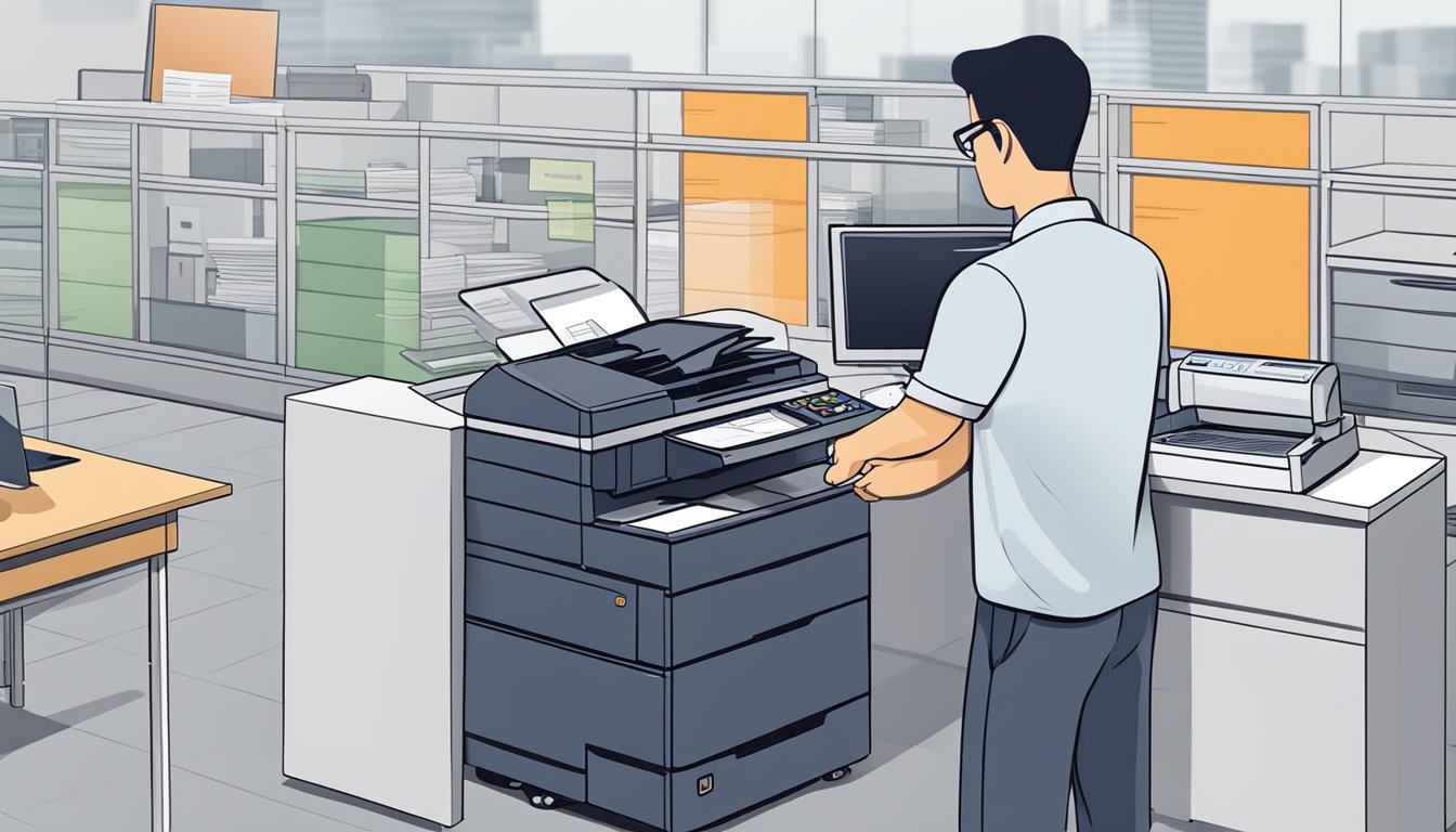 A person in a Singapore office purchasing a used copier from a seller