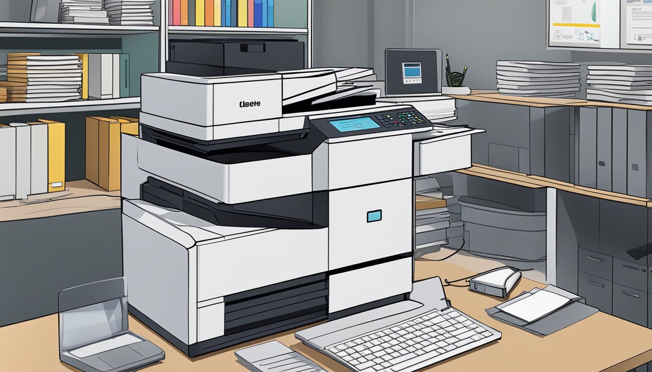 A used copier sits on a desk in a modern office setting in Singapore, surrounded by office supplies and a computer