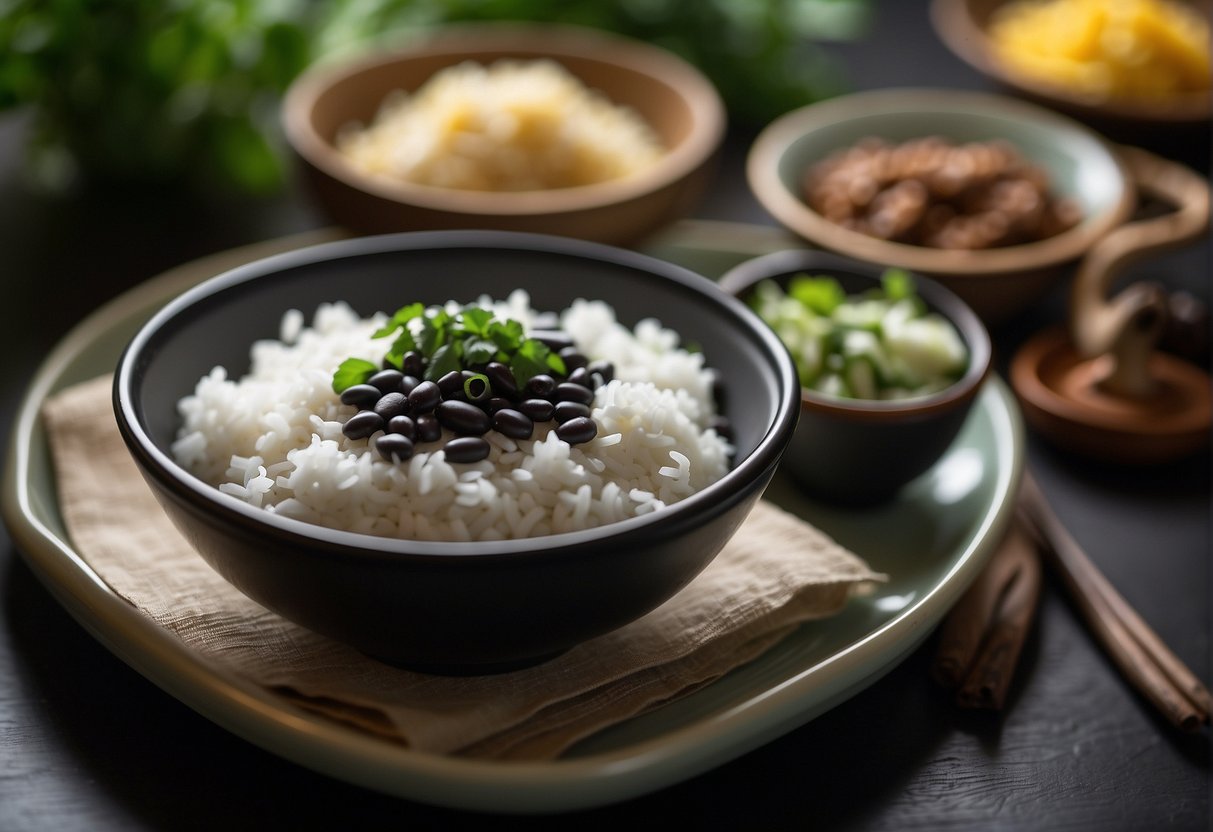 A bowl of salted black beans sits next to a plate of steamed fish and a bowl of white rice, ready to be paired in a Chinese meal