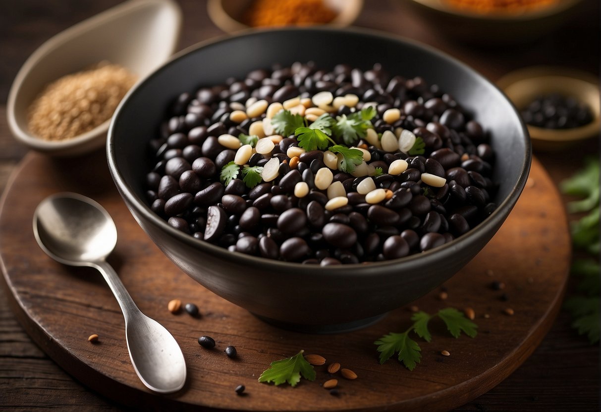 A bowl of salted black beans, a spoon, and various Chinese cooking ingredients arranged on a wooden table