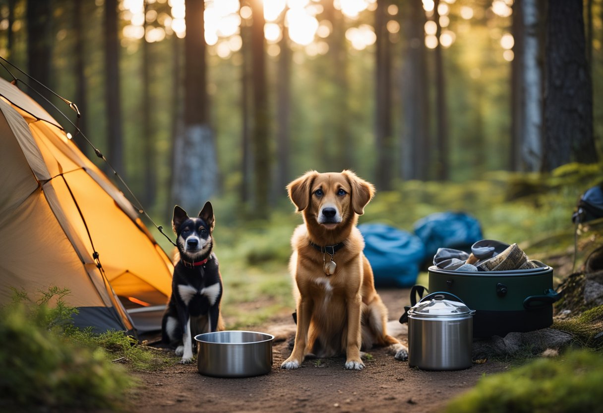 A dog sits beside a tent, surrounded by camping gear - a leash, collapsible bowl, and dog bed. In the background, a campfire burns, and a hiking trail winds through the trees