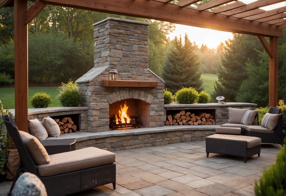 An outdoor fireplace surrounded by well-maintained landscaping and clean, polished materials, with a price tag visible nearby