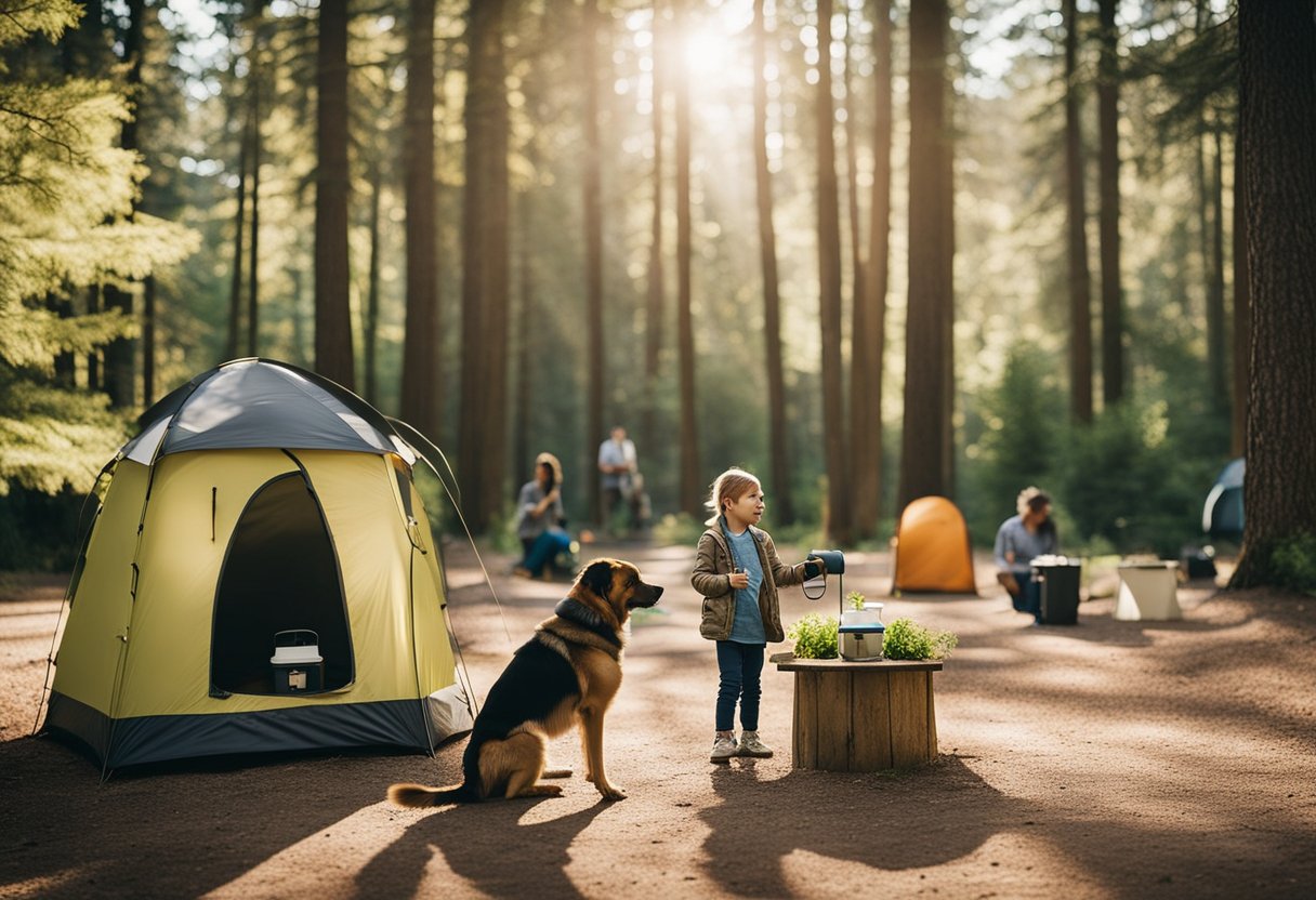 A campsite with pet-friendly amenities: dog waste stations, designated pet areas, and water fountains. A family of campers and their dog enjoy the outdoors together