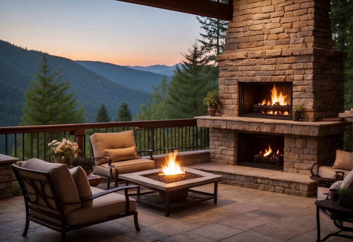 An outdoor fireplace surrounded by a spacious patio, with a sign indicating permits and regulations. Nearby, a price tag displaying the cost