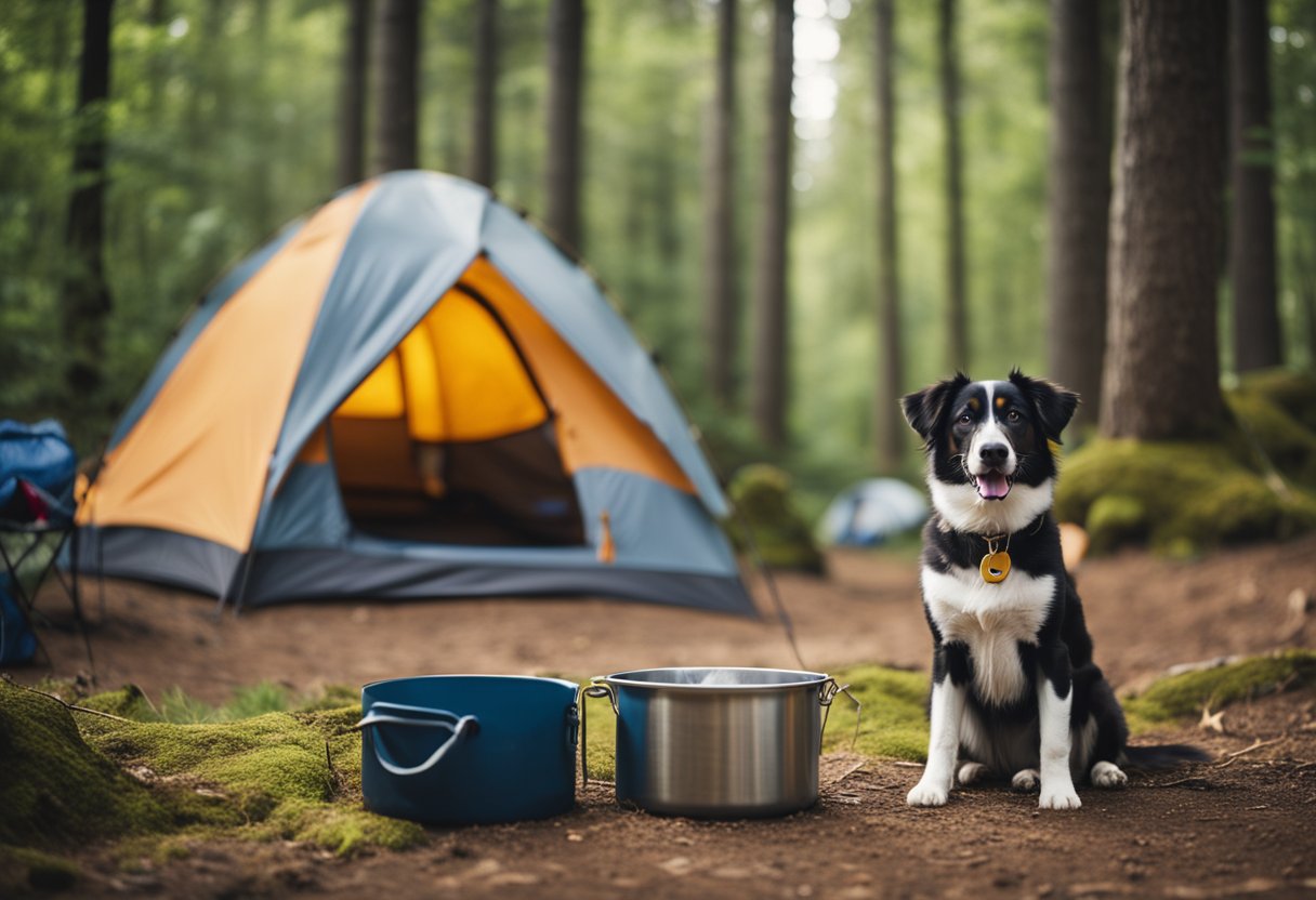 A dog sits by a campfire with a leash and water bowl nearby. Tents and hiking gear are scattered around the campsite. A sign reads "Pet-Friendly Camping Area."