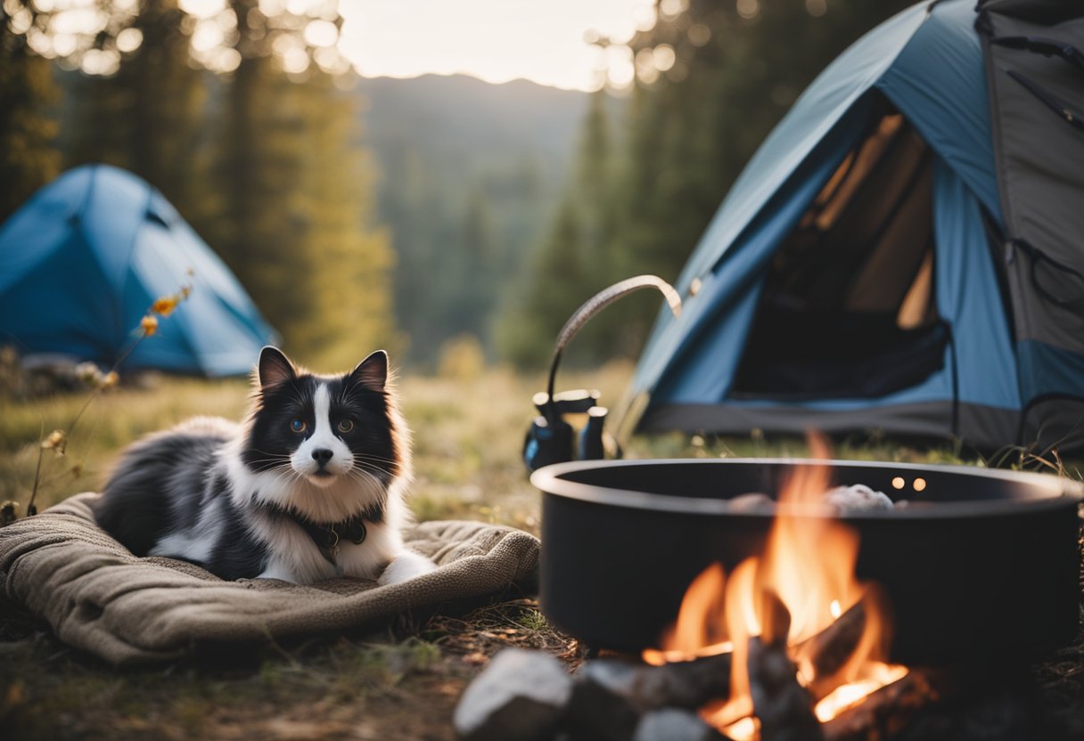 A cozy campsite with a pet bed, water bowl, and leash. A backpack filled with pet supplies sits nearby. A campfire burns in the background