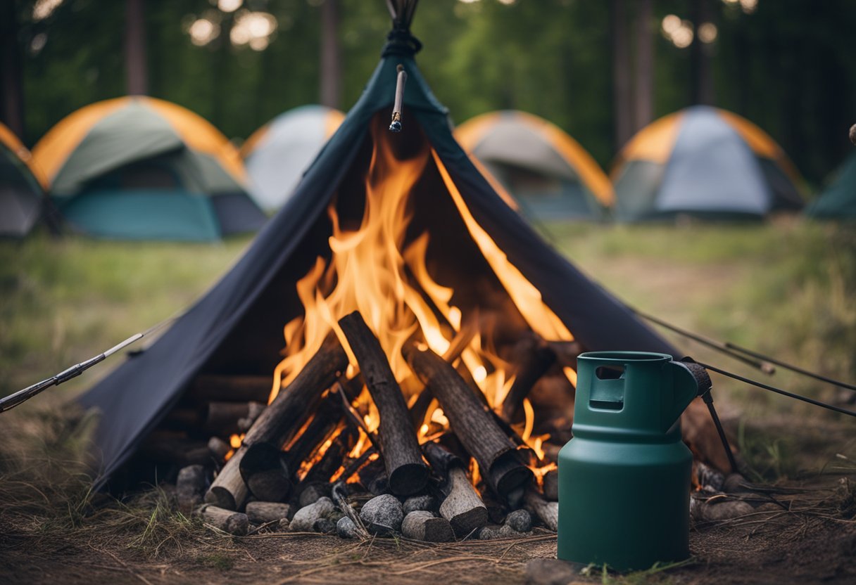 A campfire burns bright, surrounded by citronella torches. Tents stand tall, zipped tight. A cloud of mosquitoes hovers nearby, unable to penetrate the protective barrier