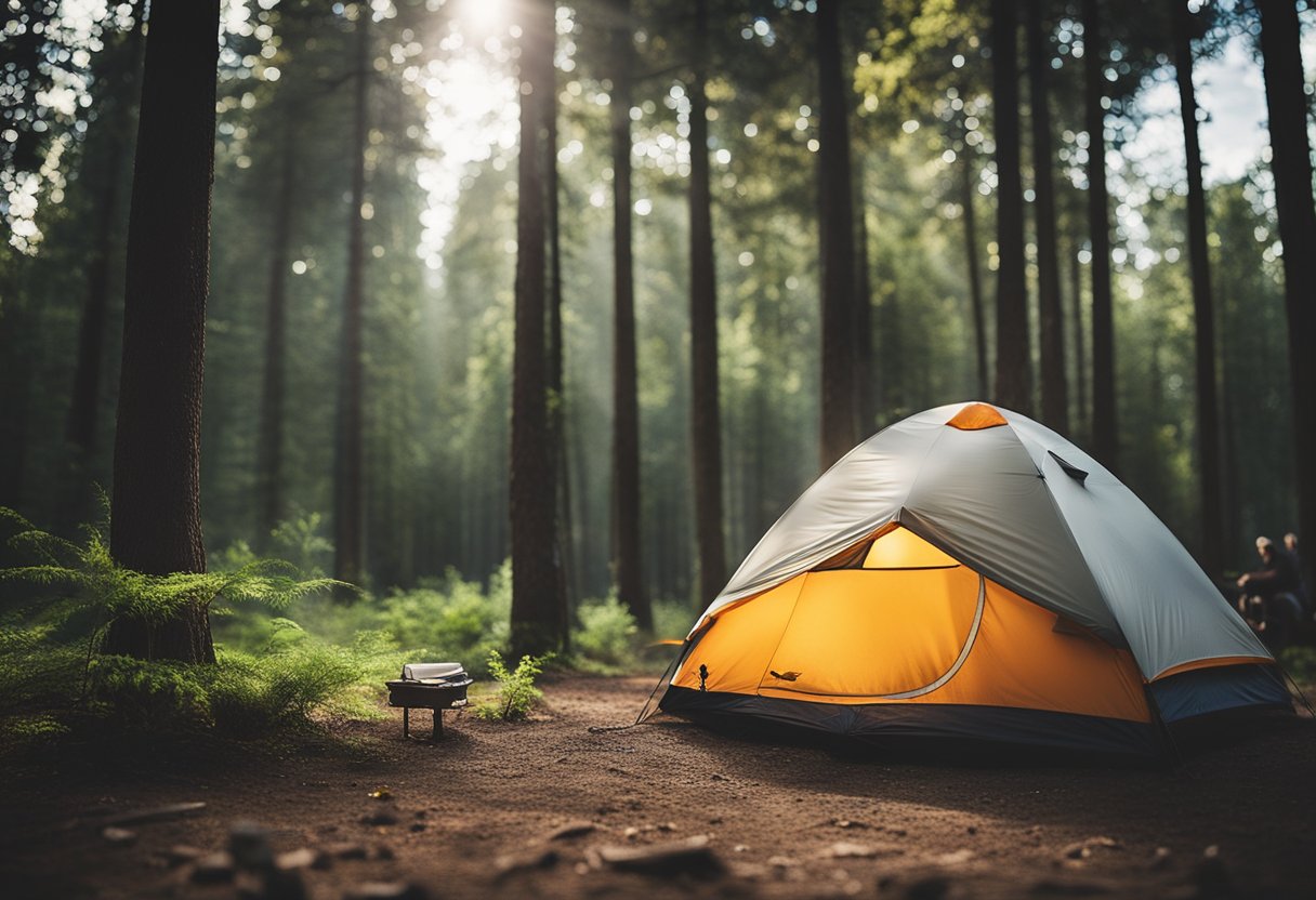 A campsite with a tent, campfire, and bug repellent. Mosquitoes and ants are kept at bay