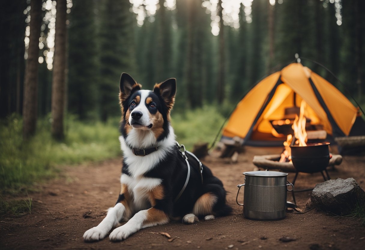 A dog sits beside a cozy campfire, surrounded by a tent, pet-friendly amenities, and a beautiful natural landscape