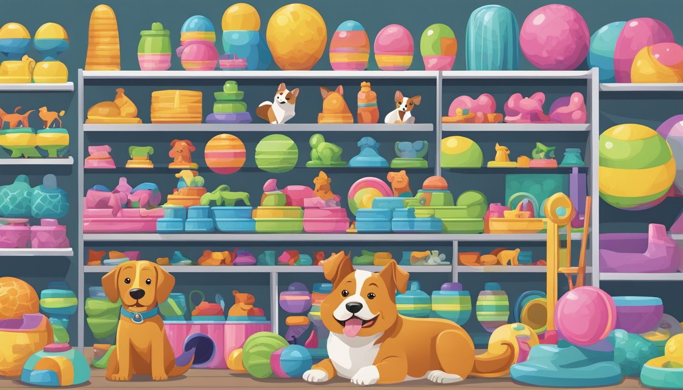 A display of colorful dog toys on shelves in a pet store in Singapore