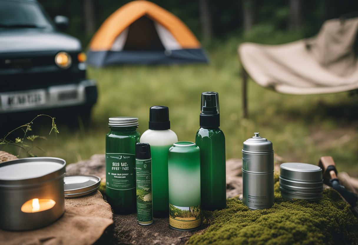 A person sets up bug repellent candles and sprays around a campsite before a camping trip