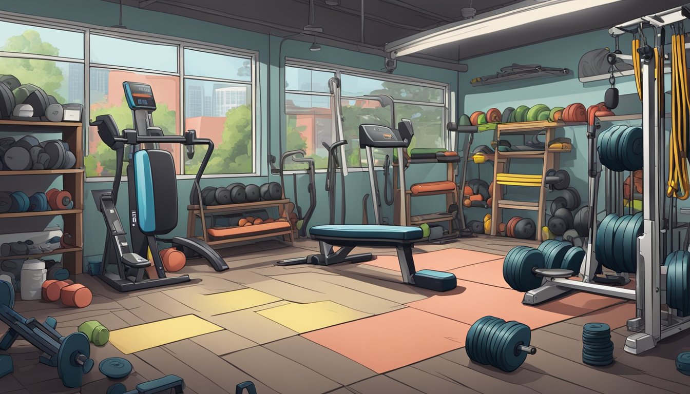 A cluttered garage with various gym equipment for sale, including dumbbells, treadmills, and weight benches. Labels read "used gym equipment" in Singapore