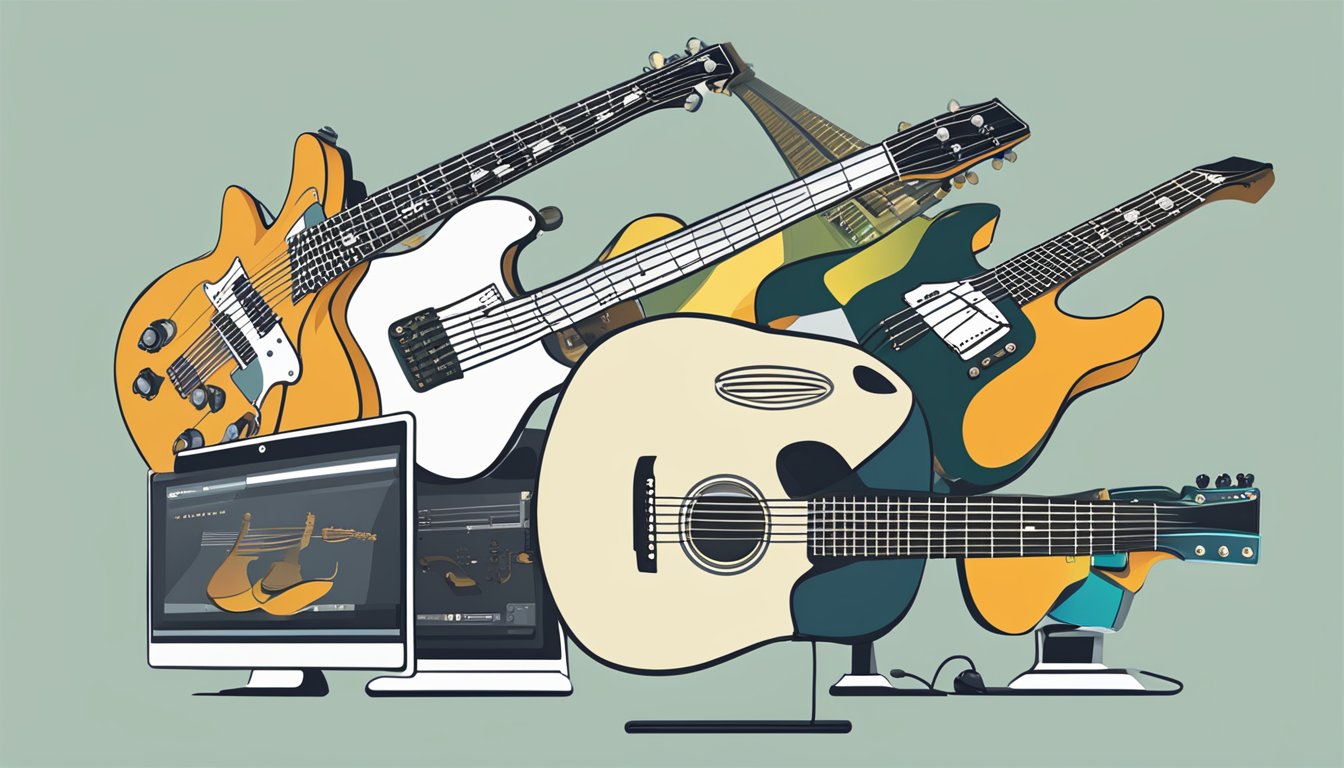 A computer screen displaying a website with a variety of guitars for sale. A cursor hovers over the "Add to Cart" button