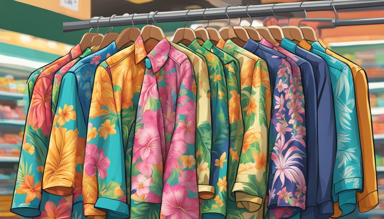 A vibrant Hawaiian shirt displayed on a rack in a bustling Singaporean market. Bright colors and floral patterns catch the eye