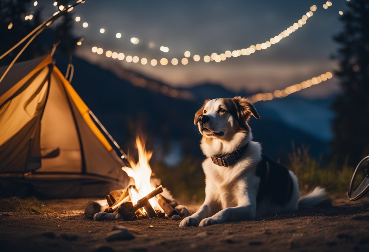 A dog happily sits by a crackling campfire, surrounded by pet-friendly camping gear and a cozy sleeping area under the stars