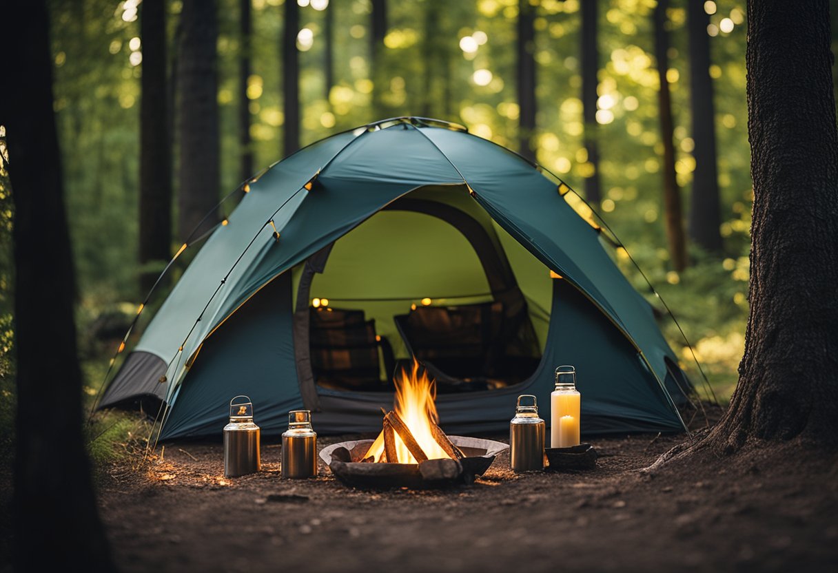 A tent pitched in a clearing, with a campfire surrounded by bug repellent candles and a mesh screen to keep insects away