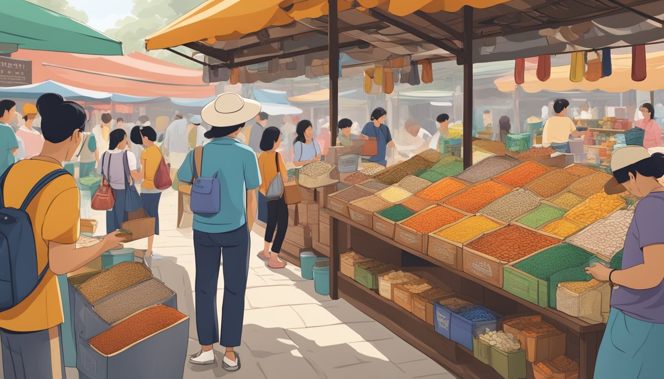 A bustling market stall in Singapore displays dried sole fish powder in colorful packaging, with customers browsing and making purchases