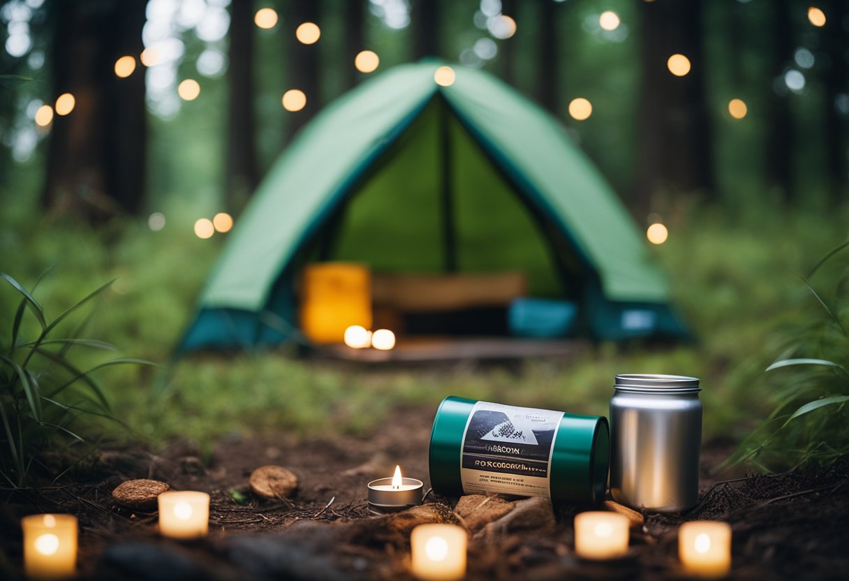 A campsite with a tent surrounded by citronella candles, bug spray, and a mesh screen