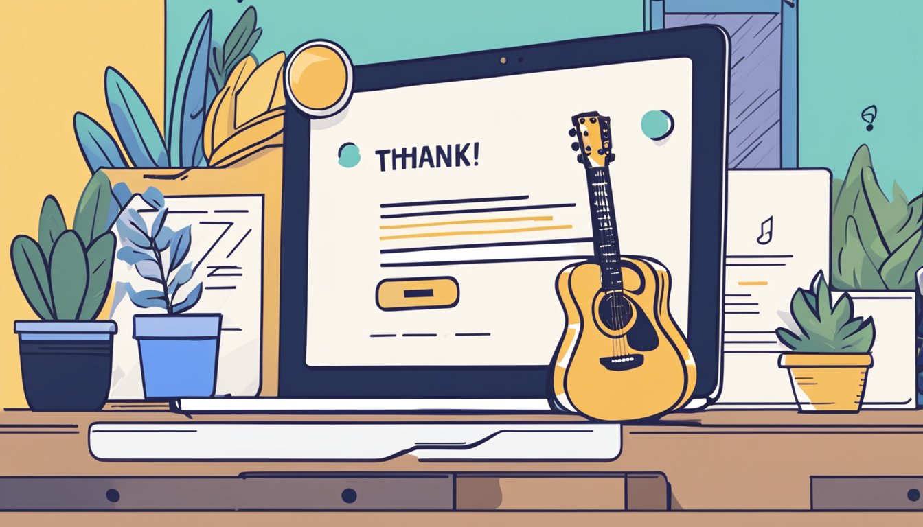 A hand clicks "complete purchase" on a guitar website. The screen shows a confirmation message with a guitar icon and a "thank you" note