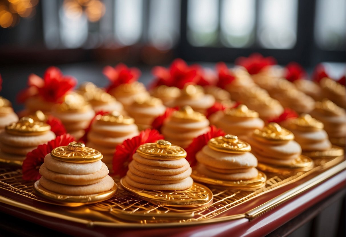 A table filled with freshly baked Chinese New Year cookies, arranged in rows and decorated with vibrant red and gold icing