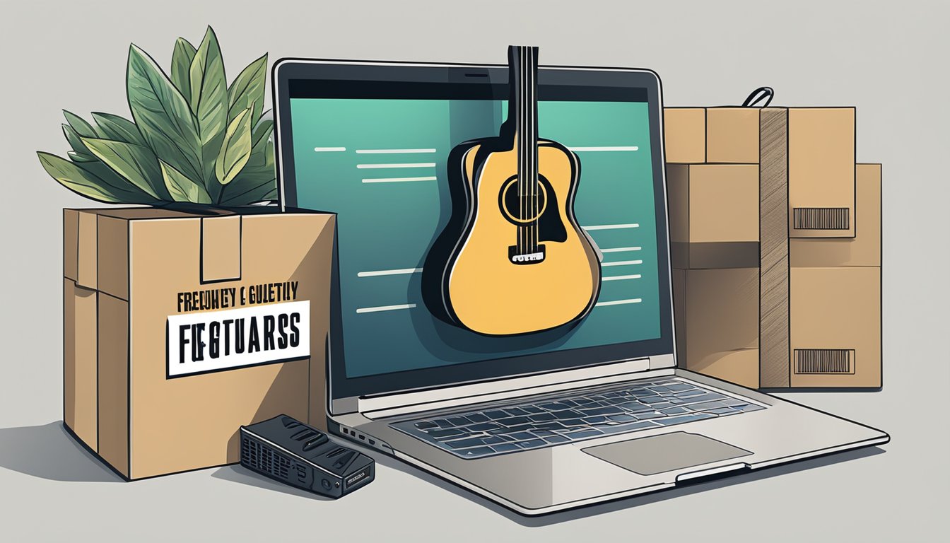 A laptop open to a website with a "Frequently Asked Questions" section on buying guitars online. A guitar and shipping box nearby