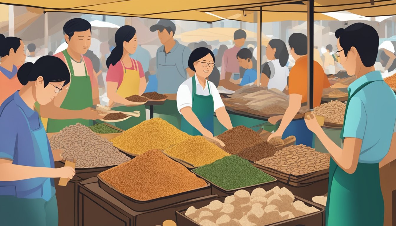 A bustling Singaporean market stall displays vibrant bags of dried sole fish powder, with eager customers sampling and purchasing the culinary inspiration