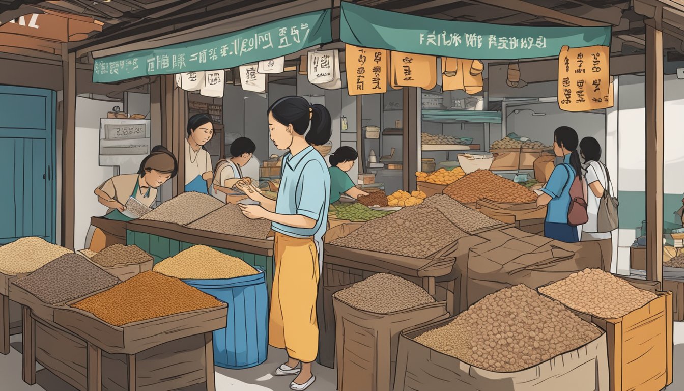 A bustling market stall in Singapore displays dried sole fish powder with a sign reading "Frequently Asked Questions" on where to buy