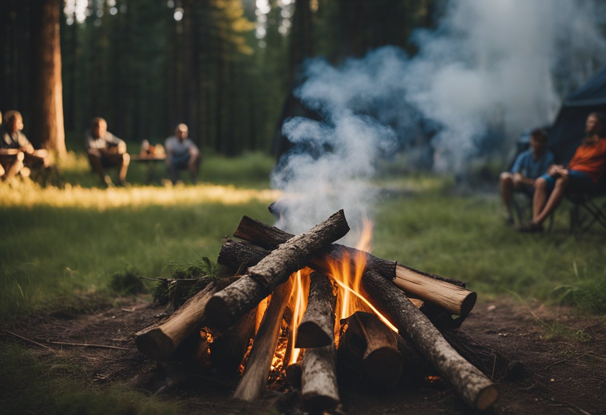 A crackling campfire repels bugs in the dark woods. Smoke rises and dances in the warm glow, creating a protective barrier for the campers