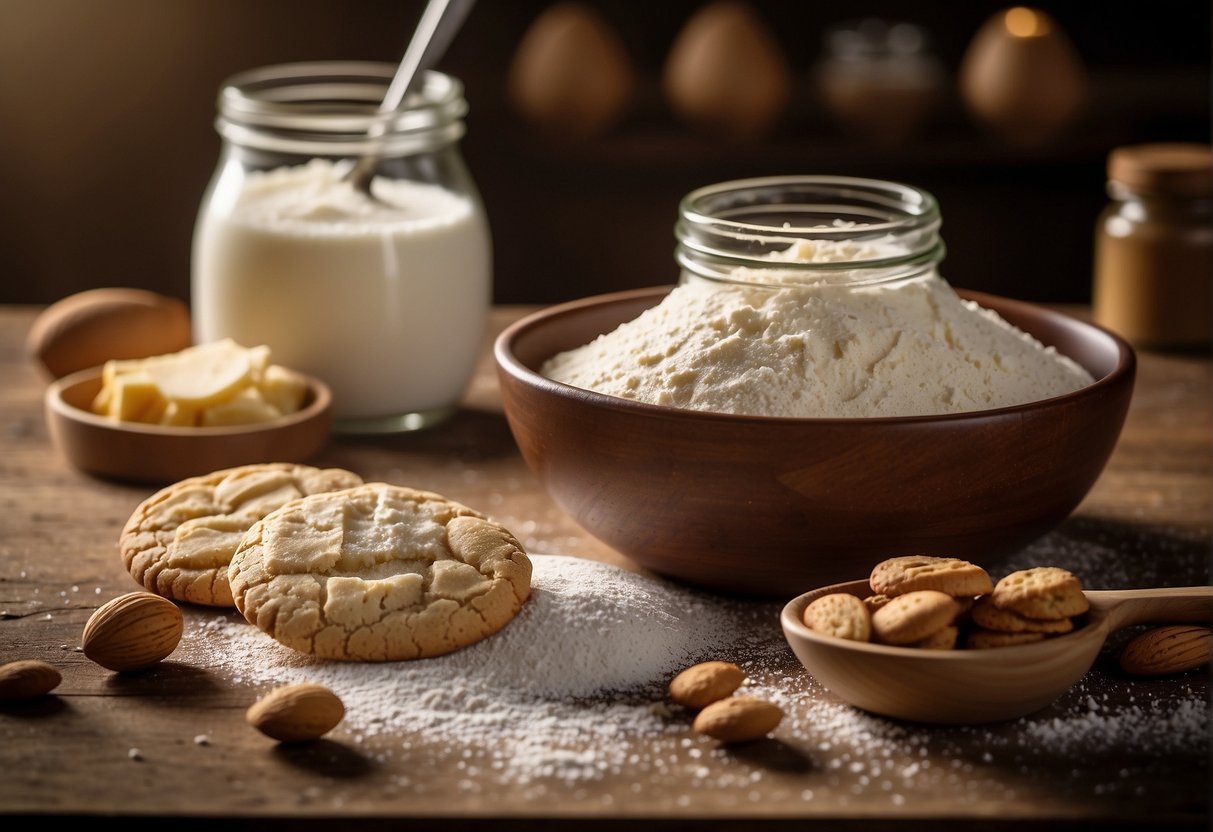 A table with flour, sugar, eggs, and almond extract. A mixing bowl and wooden spoon. A rolling pin and cookie cutters. A tray of freshly baked cookies