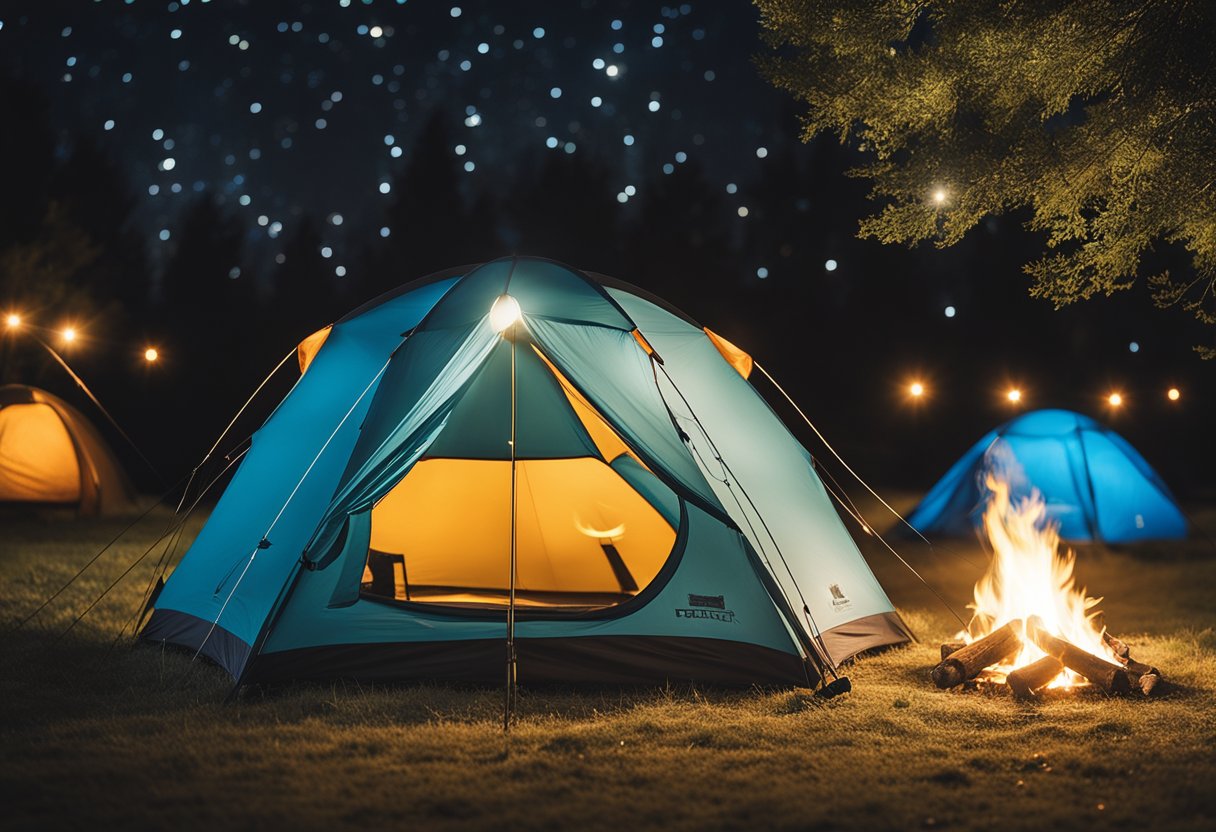 A tent surrounded by a ring of bug repellent, with a campfire and a clear night sky above