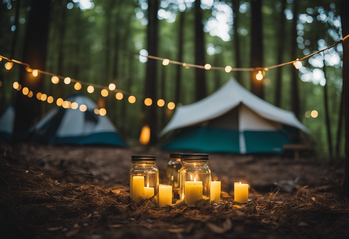 A campsite with bug repellent candles, citronella torches, and mosquito nets around sleeping areas