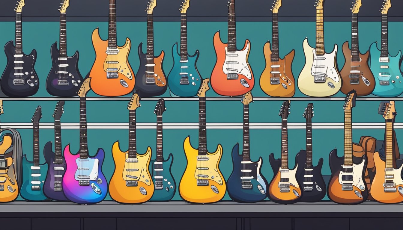 A music store in Singapore sells electric guitars. Rows of guitars on display, with various models and colors. Bright lights illuminate the sleek instruments