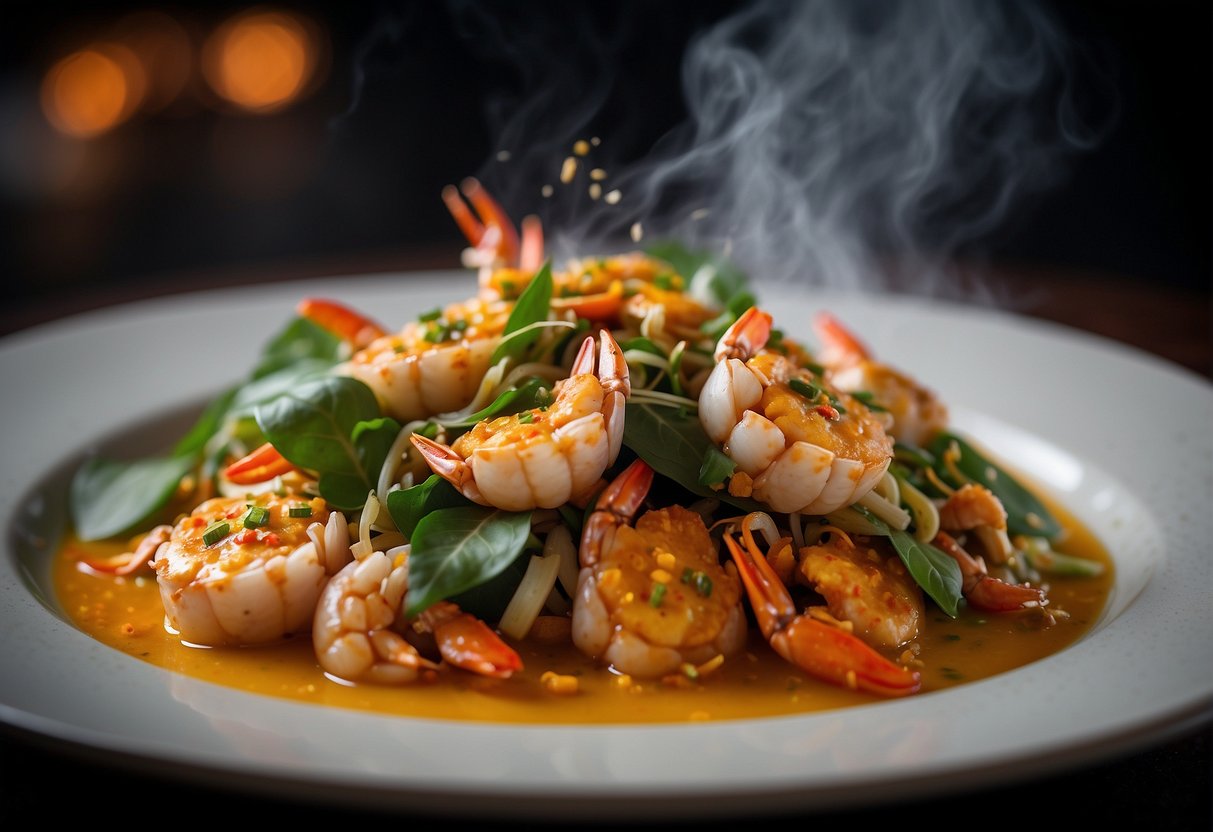 A steaming wok sizzles with salted egg sauce and stir-fried crab, surrounded by aromatic garlic, chili, and curry leaves